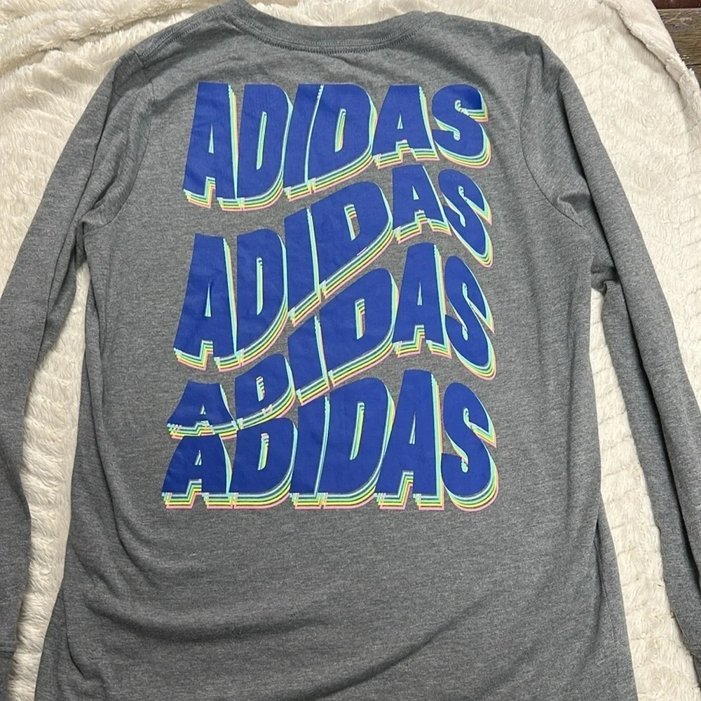 Adidas Boys Long Sleeve Gray Cotton Blend Graphic Tee - Size Large